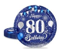 MORAINJAY 16 Pièces Assiette pour Fête Anniversaire 80 ans,9 Pouces/23cm Bleu Argent Papier Assiette Dessert Plateau Vaisselle pour Décoration Anniversaire 80 ans Homme Femme