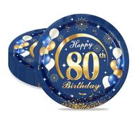 MORAINJAY 16 Pièces Assiette pour Fête Anniversaire 80 ans,9 Pouces/23cm Bleu Or Papier Assiette Dessert Plateau Vaisselle pour Décoration Anniversaire 80 ans Homme Femme