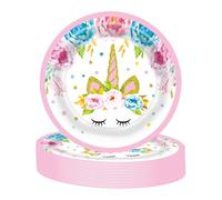 MORAINJAY 16 Pièces Rose Assiettes en Papier Vaisselle Anniversaire à Thème Licorne pour Filles,7 Pouces Assiettes Idéal pour Fêtes d'Enfants,Table Décoration Joyeuse -16 Invités