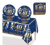 MORAINJAY 37 Pièces Anniversaire Vaisselle Lot,Bleu Or Anniversaire 40 Fête Vaisselle,Kit Vaisselles Comprendre Papier Assiette Serviette Nappe,Decoration Anniversaire 40 ans pour 16 Invités