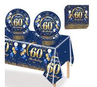 MORAINJAY 37 Pièces Anniversaire Vaisselle Lot,Bleu Or Anniversaire 60 Fête Vaisselle,Kit Vaisselles Comprendre Papier Assiette Serviette Nappe,Decoration Anniversaire 60 ans pour 16 Invités
