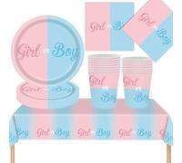 MORAINJAY 53 Pièces Gender Reveal Vaisselles Fête,Baby Shower Vaisselle Kit avec Papier Assiettes Tasses Serviettes Nappe,Fournitures de Fête Bébé Girl Or Boy Décoration Table 16 Invités