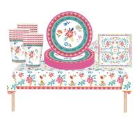 MORAINJAY 53 Pièces Thé de l'après-midi Vaisselle Kit Fête,Bohême Hawaiien Floral Thème Vaisselles avec Assiettes Papier Tasses Serviettes Nappe,Fournitures de Fête Décoration Table 16 Invités