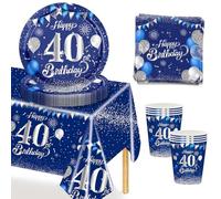 MORAINJAY 53Pcs Anniversaire Vaisselle Lot,Bleu Argent Anniversaire 40 Fête Vaisselle,Kit Vaisselles Comprendre Papier Assiette Serviette Nappe Gobelets,Decoration Anniversaire 40 ans pour 16 Invités