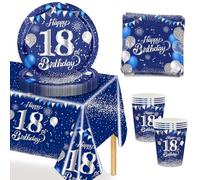 MORAINJAY 53Pcs Vaisselle Lot Bleu Argent pour Anniversaire 18 Ans, Kit Comprenant Assiette, Serviette, Nappe, Gobelets, Décoration pour 16 Invités