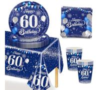 MORAINJAY 53Pcs Vaisselle Lot Bleu Argent pour Anniversaire 60 Ans, Kit Comprenant Assiette, Serviette, Nappe, Gobelets, Décoration pour 16 Invités
