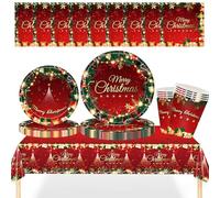 MORAINJAY 69 Pièces Ensemble Vaisselles de Noël en Papier,Rouge Service de Vaisselle avec Assiettes,Tasses,Serviettes,Nappe, Biodégradable,Articles de Fête Noël,Décoration de Table 16 Invités