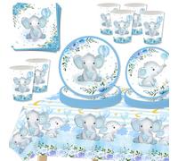 MORAINJAY 69 Pièces Vaisselles Fête Baby Shower Garcon,Elephant Bleu Vaisselle Ensemble pour Bébé avec Assiettes Papier Tasses Serviettes Nappe pour Anniversaire Fête,Décoration Table 16 Invités