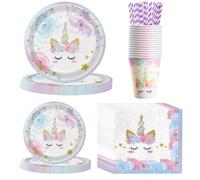 MORAINJAY 84 Pièces Vaisselles Anniversaire Kit pour Enfants à Thème Violet Licorne avec Assiettes Papier Serviettes Tasses et Pailles,Idéal pour Fêtes d'Enfants,Table Décoration Joyeuse -16 Invités