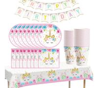 MORAINJAY 84 Pièces Vaisselles Anniversaire Kit pour Filles à Thème Rose Licorne avec Assiettes Papier Serviettes Tasses Nappe Bannières,Idéal pour Fêtes d'Enfants,Table Décoration Joyeuse -16 Invités