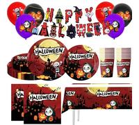 MORAINJAY 85P Vaisselles Fête Halloween,Rouge Tueur Thème Joyeux Halloween Vaisselle Kit avec Assiettes Papier Tasses Serviettes,Nappe,Bannière,Ballons,Fournitures de Fête Décoration Table 16 Invités