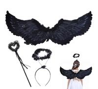 MORAINJAY Ailes d'Ange avec Auréoles,Déguisements Magiques pour Halloween,Carnaval et Fêtes Costumées,Ailes Noires avec Auréoles,Baguettes Magiques et Accessoires pour Enfants et Adultes (Démon Noir)