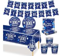 MORAINJAY Ensemble de Vaisselle Anniversaire 100 Ans 70 Pièces, Assiettes En Papier Marine, Tasses, Serviettes, Bannières en Papier, Décoration De Table Anniversaire 100 Ans Pour Homme Femme
