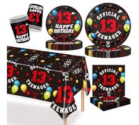 MORAINJAY Ensemble de Vaisselle Anniversaire 13 Ans 69 Pièces, Assiettes En Papier Noir Rouge 13 Ans, Tasses, Serviettes, Décoration De Table Anniversaire 13 Ans Pour Homme Femme
