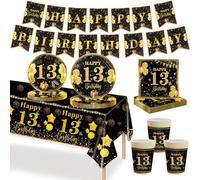 MORAINJAY Ensemble de Vaisselle Anniversaire 13 Ans 70 Pièces, Assiettes En Papier Or Noir, Tasses, Serviettes, Bannières en Papier, Décoration De Table Anniversaire 13 Ans Pour Homme Femme