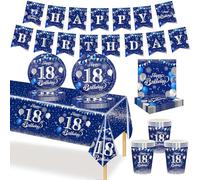 MORAINJAY Ensemble de Vaisselle Anniversaire 18 Ans 70 Pièces, Assiettes En Papier Marine, Tasses, Serviettes, Bannières en Papier, Décoration De Table Anniversaire 18 Ans Pour Homme Femme
