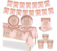 MORAINJAY Ensemble de Vaisselle Anniversaire 18 Ans 70 Pièces, Assiettes En Papier Or Rose, Tasses, Serviettes, Bannières en Papier, Décoration De Table Anniversaire 18 Ans Pour Homme Femme