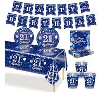 MORAINJAY Ensemble de Vaisselle Anniversaire 21 Ans 70 Pièces, Assiettes En Papier Marine, Tasses, Serviettes, Bannières en Papier, Décoration De Table Anniversaire 21 Ans Pour Homme Femme