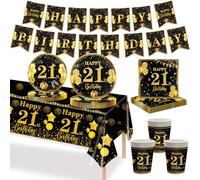 MORAINJAY Ensemble de Vaisselle Anniversaire 21 Ans 70 Pièces, Assiettes En Papier Or Noir, Tasses, Serviettes, Bannières en Papier, Décoration De Table Anniversaire 21 Ans Pour Homme Femme