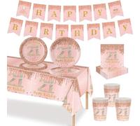 MORAINJAY Ensemble de Vaisselle Anniversaire 21 Ans 70 Pièces, Assiettes En Papier Or Rose, Tasses, Serviettes, Bannières en Papier, Décoration De Table Anniversaire 21 Ans Pour Homme Femme