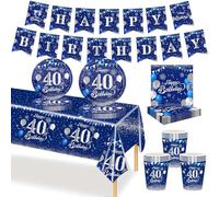 MORAINJAY Ensemble de Vaisselle Anniversaire 40 Ans 70 Pièces, Assiettes En Papier Marine, Tasses, Serviettes, Bannières en Papier, Décoration De Table Anniversaire 40 Ans Pour Homme Femme