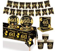 MORAINJAY Ensemble de Vaisselle Anniversaire 60 Ans 70 Pièces, Assiettes En Papier Or Noir, Tasses, Serviettes, Bannières en Papier, Décoration De Table Anniversaire 60 Ans Pour Homme Femme