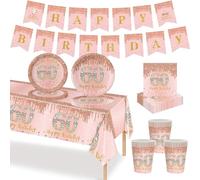 MORAINJAY Ensemble de Vaisselle Anniversaire 60 Ans 70 Pièces, Assiettes En Papier Or Rose, Tasses, Serviettes, Bannières en Papier, Décoration De Table Anniversaire 60 Ans Pour Homme Femme