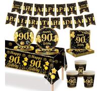 MORAINJAY Ensemble de Vaisselle Anniversaire 90 Ans 70 Pièces, Assiettes En Papier Or Noir, Tasses, Serviettes, Bannières en Papier, Décoration De Table Anniversaire 90 Ans Pour Homme Femme