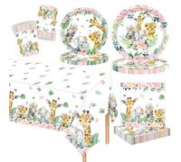 MORAINJAY Ensemble De Vaisselle Anniversaire Animaux 69 Pièces, Animaux Jungle Assiettes En Papier, Tasses, Serviettes, Décorations Table Pour Fête D'anniversaire D'enfants Avec Des