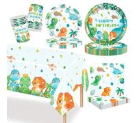 MORAINJAY Ensemble de Vaisselle de Fête Dinosaure 97 Pièces, Assiettes, Tasses, Serviettes, Décoration de Table et Accessoires pour Anniversaire Enfant, pour Fête à Thème Dinosaure