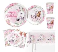MORAINJAY Ensemble de Vaisselle Fête Courses Hippiques 51 Pièces, Cheval Rose Assiettes, Tasses, Serviettes, Accessoires de Fête Cheval, Décoration de Table pour Anniversaire Équitation