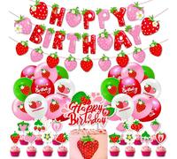 Morainjay Lot de 38 décorations d'anniversaire en forme de fraise, ballons et bannière « Happy Birthday », fournitures sur le thème des fruits