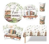 MORAINJAY Lot de 51 pièces de vaisselle de fête avec assiettes en carton, gobelets, serviettes, décoration de table pour bibliothèque club ou anniversaire de lecture