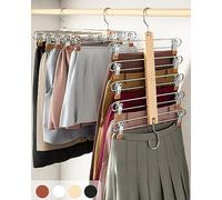 MORALVE - Lot de 2 cintres à jupes à économie d'espace avec pinces - Cintres à 5 niveaux en bois de hêtre européen pour shorts, jupes et pantalons - Organisateur de placard et solution de rangement