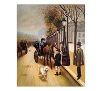 MORANA Tableau peint à la main - huile sur toile 50 x 60 cm - promenade automnale parisienne avec calèche et famille - scène de vie 800 - Made in Italy