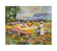 MORANA Tableau peint à la main - Huile sur toile 60 x 50 cm - Scène de pique-nique - Champ fleuri - Fleurs, lac et voilier - Art impressionniste - Made in Italy