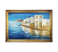 MORANA Tableau peint à la main - huile sur toile - cadre or élégant 98 x 68 cm - paysage côtier village méditerranéen avec mouettes - couleurs vives décoration artistique murale - Fabriqué en Italie