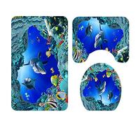 Morbuy 3 Pcs Ensemble Salle de Bain Tapis Contour WC Tapis de Bain Antidérapant Couvre Couverture de Toilette Siège - Monde des Fonds Marins (Créatures Aquatiques)