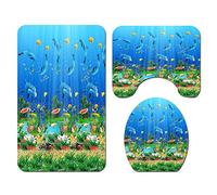 Morbuy 3 Pcs Ensemble Salle de Bain Tapis Contour WC Tapis de Bain Antidérapant Couvre Couverture de Toilette Siège - Monde des Fonds Marins (Poisson)