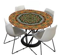 Morbuy 3D Rondes Nappes avec Bord Élastique, Mandala Imprimé Nappes Rondes Anti Taches Lavable, Imperméable Polyester Nappe de Table pour Cuisine Jardin Fête (Orange,Diamètre 120cm)