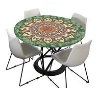 Morbuy 3D Rondes Nappes avec Bord Élastique, Mandala Imprimé Nappes Rondes Anti Taches Lavable, Imperméable Polyester Nappe de Table pour Cuisine Jardin Fête (Vert,Diamètre 90cm)