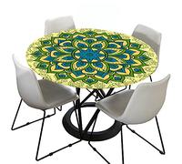 Morbuy 3D Rondes Nappes avec Bord Élastique, Mandala Imprimé Nappes Rondes Anti Taches Lavable, Imperméable Polyester Nappe de Table pour Cuisine Jardin Fête (Jaune,Diamètre 90cm)