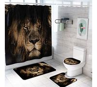 Morbuy 4 Pcs Ensemble Rideau de Douche Salle de Bain Tapis Contour WC Tapis de Bain Antidérapant Couvre Couverture de Toilette Siège - Empreinte d'animal (Lion)