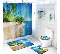 Morbuy 4 Pcs Ensemble Rideau de Douche Salle de Bain Tapis Contour WC Tapis de Bain Antidérapant Couvre Couverture de Toilette Siège - Impression de paysages naturels (Plage)