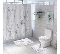 Morbuy 4 Pcs Ensemble Rideau de Douche Salle de Bain Tapis Contour WC Tapis de Bain Antidérapant Couvre Couverture de Toilette Siège - Marbre Imprimé (Blanc)