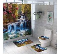 Morbuy 4 Pcs Ensemble Rideau de Douche Salle de Bain Tapis Contour WC Tapis de Bain Antidérapant Couvre Couverture de Toilette Siège - Impression de paysages naturels (Cygne)