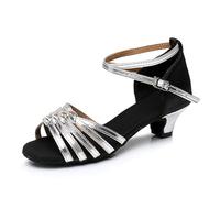 Morbuy Chaussures Danse Latine Femme Talon 4cm, Chaussures Latine Petit Talon Confortable Élégant Bout Ouvert T-Strap pour Danse Salon Tango Bachata Cha Cha (Argent,40)