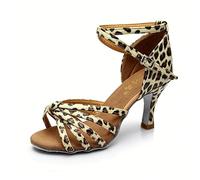 Morbuy Chaussures Danse Latine Femme Talon 5cm, Chaussures Latine Petit Talon Confortable Élégant Bout Ouvert T-Strap pour Danse Salon Tango Bachata Cha Cha (Texture Léopard,40)