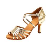 Morbuy Chaussures Danse Latine Femme Talon 7.5 cm, Chaussures Latine Confortable Élégant Bout Ouvert Sangle de Cheville Croisée 34-42 EU pour Danse Salon Tango Bachata (Couleur Or,34)