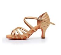 Morbuy Chaussures Danse Latine Femme Talon 7cm, Chaussures Latine Petit Talon Confortable Élégant Bout Ouvert T-Strap pour Danse Salon Tango Bachata Cha Cha, Toutes Les Niveaux (Marron Clair,37)